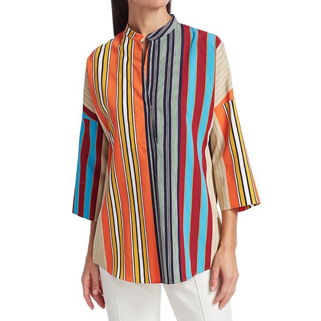 Nwt Akris Punto Parasol Stripe Print Top Blouse Colorful Rainbow Orange Blue 4